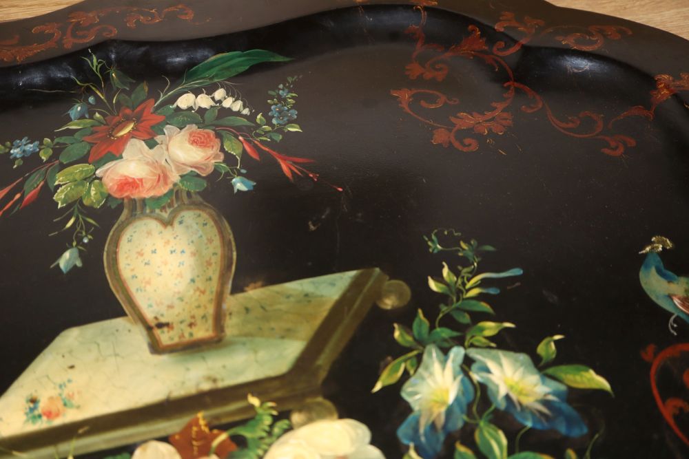 A Victorian painted papier mache tray, length 82cm